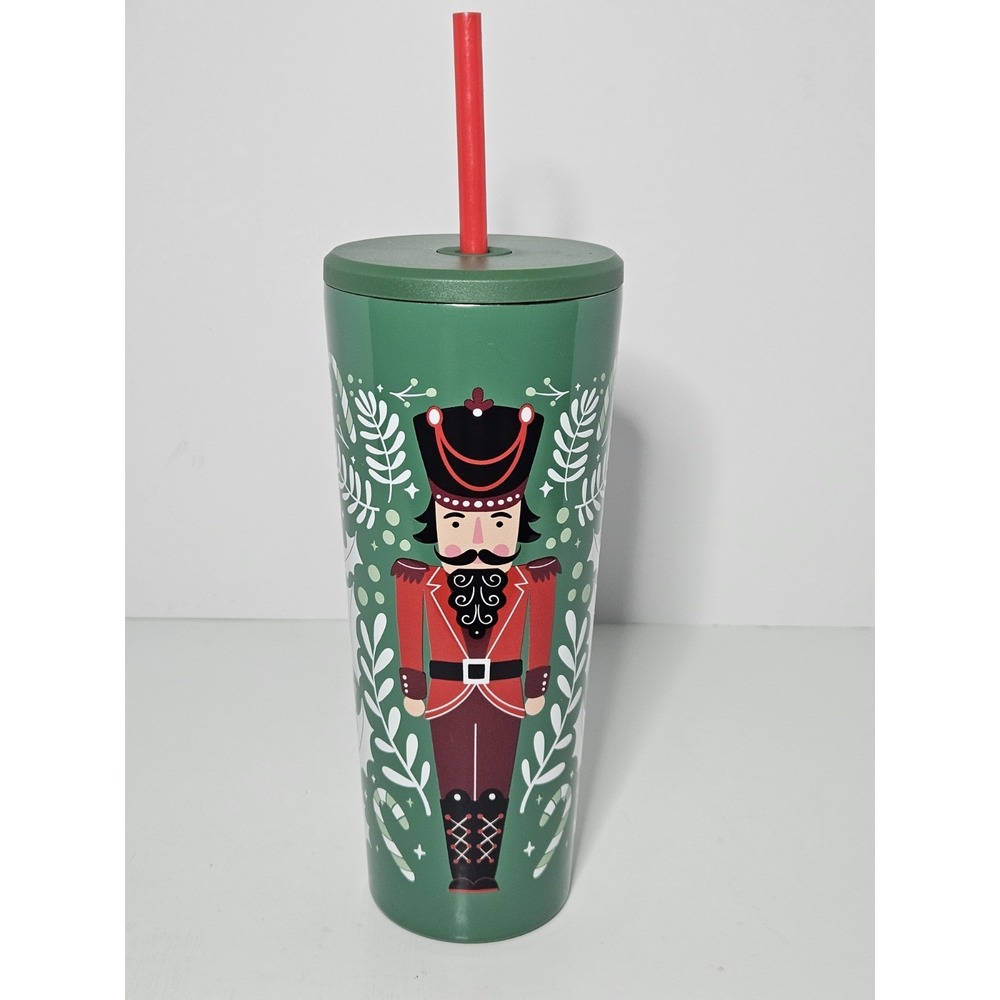 Nutcracker Christmas Green Cold Cup Acrylic Tumbler Straw 24oz Toy Soldier